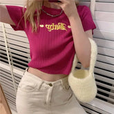 Baby Embroidery Short Sleeve Knitted Crop Top
